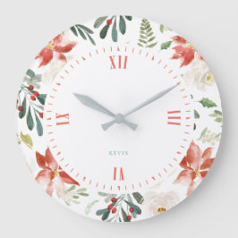 Weihnachtsbeeren und Poinsettienmuster Große Wanduhr