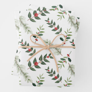Weihnachtsbeeren und Tannenzweige Weiß Geschenkpapier Set