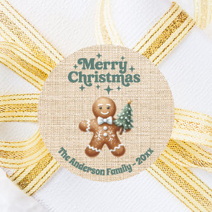 Weihnachtsbeige-Burlap-Lebkuchenmann Runder Aufkleber
