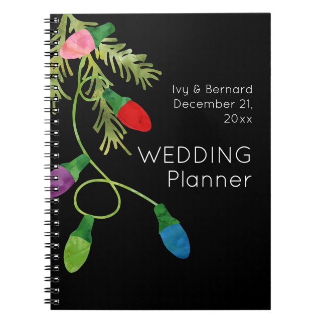 Weihnachtsbeleuchtung auf Black Wedding Planner Notizblock (Vorderseite)