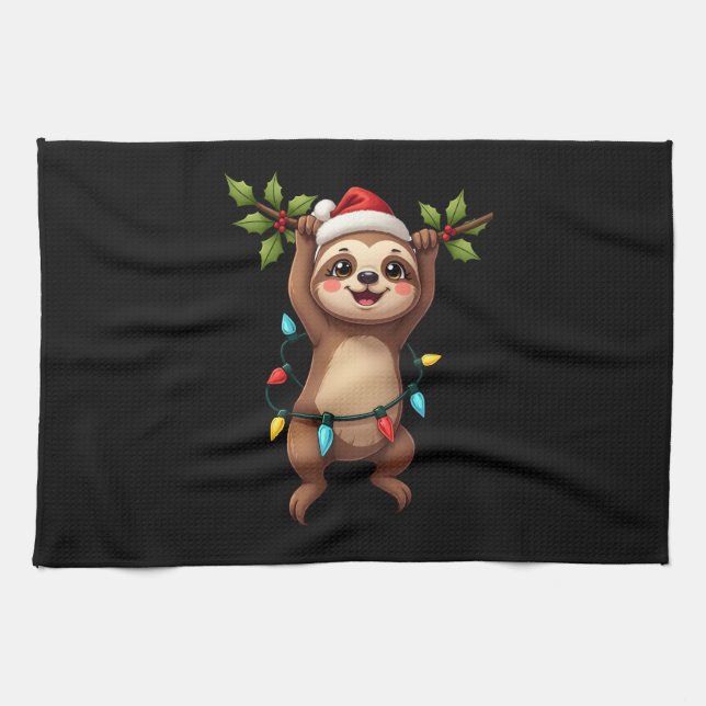 Weihnachtsbeleuchtung Faultier mit Weihnachtsmütze Geschirrtuch (Horizontal)