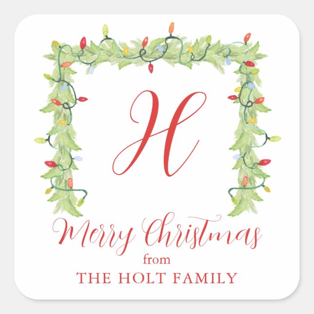 Weihnachtsbeleuchtung Garland Monogram Quadratischer Aufkleber (Vorderseite)