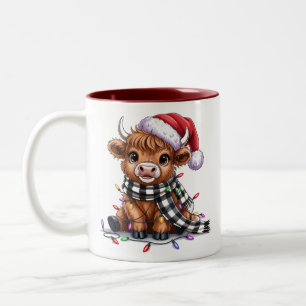 Weihnachtsbeleuchtung Highland-Kuh Weihnachtsmannm Zweifarbige Tasse