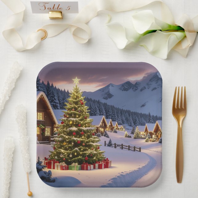 Weihnachtsbeleuchtung Landschaft mit Schnee Pappteller (Hochzeit)