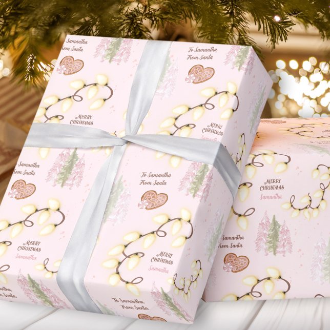 Weihnachtsbeleuchtung Moderner Pink Pastell Indivi Geschenkpapier (Christmas Lights Modern Pink Pastel Custom Name Wrapping Paper)