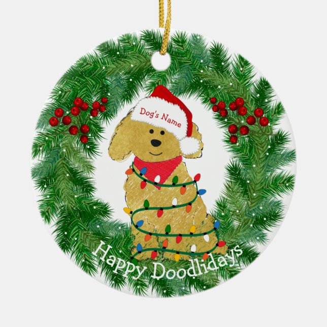 Weihnachtsbeleuchtung nach Maß Goldendoodle Keramik Ornament (Vorne)