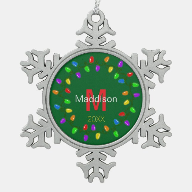 Weihnachtsbeleuchtung Personalisiert Schneeflocken Zinn-Ornament (Vorderseite)