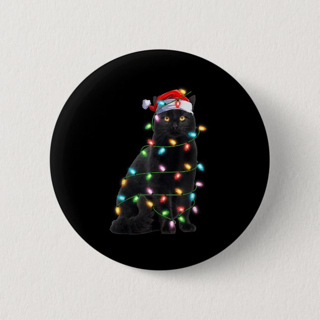Weihnachtsbeleuchtung Santa Hut schwarze Katze Wei Button (Vorderseite)