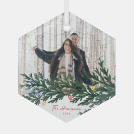 Weihnachtsbeleuchtung und Foto im Grünen Ornament Aus Glas