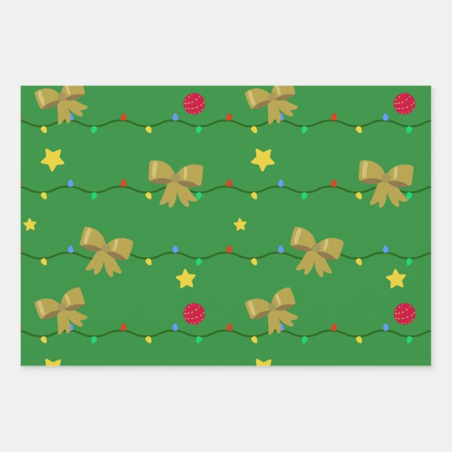 Weihnachtsbeleuchtung und Gold Bows Geschenkpapier Set (Vorderseite)