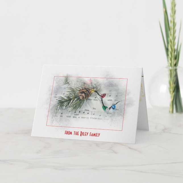 Weihnachtsbeleuchtung und Noten Feiertagskarte (Vorderseite)
