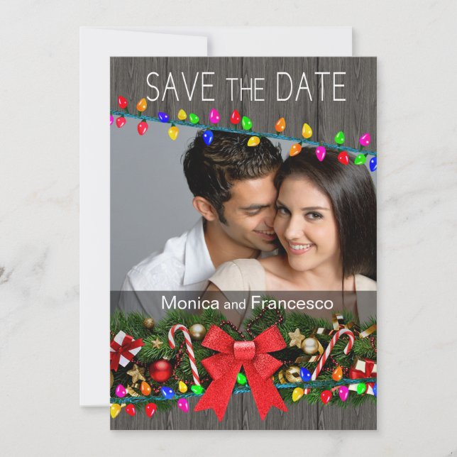 Weihnachtsbeleuchtung Woodgrain Foto Save the Date Einladung (Vorderseite)