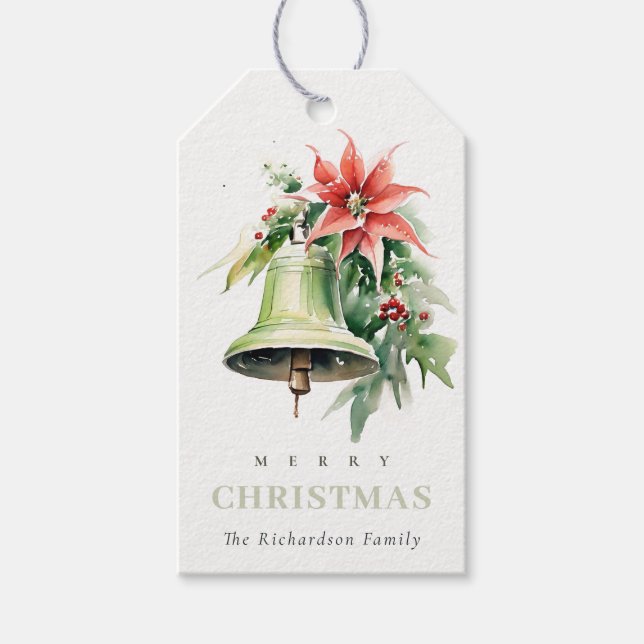 Weihnachtsbell Pine Poinsettia Foliage Wasserfarbe Geschenkanhänger (Vorderseite)