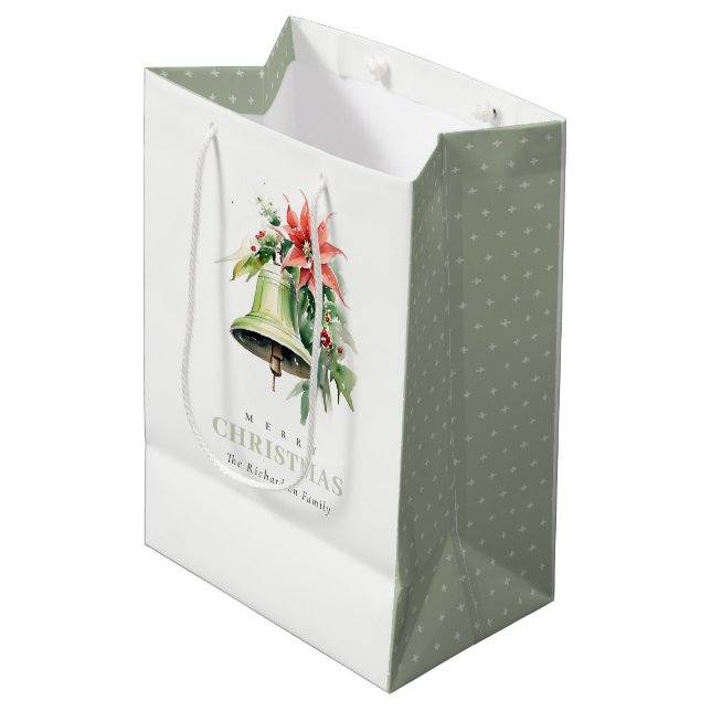 Weihnachtsbell Pine Poinsettia Foliage Wasserfarbe Mittlere Geschenktüte (Vorderseite Schrägansicht)