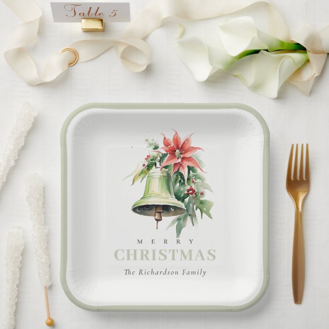 Weihnachtsbell Pine Poinsettia Foliage Wasserfarbe Pappteller (Hochzeit)