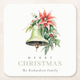 Weihnachtsbell Pine Poinsettia Foliage Wasserfarbe Rechteckiger Pappuntersetzer