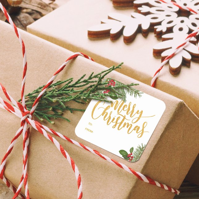 Weihnachtsberries | Beiheftmarke Quadratischer Aufkleber (Festive Winter Christmas Berries Gift Sticker with TO and From)