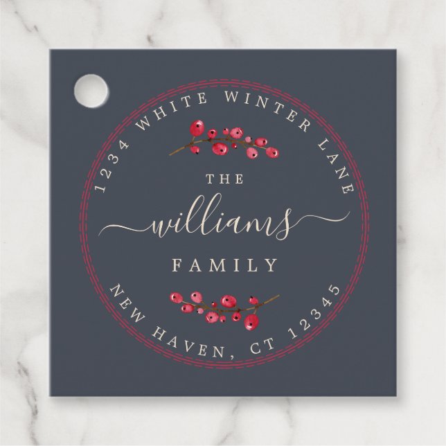 Weihnachtsberries Dark Blue Rücksendeadresse Geschenkanhänger (Vorderseite)