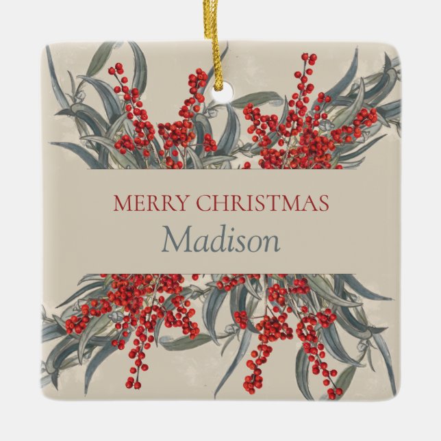 Weihnachtsberries & Eukalyptus Botanische Folies Keramikornament (Vorderseite)