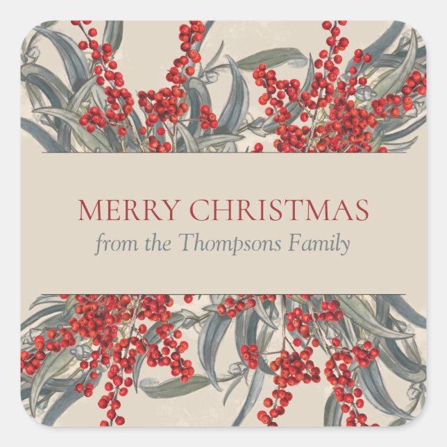 Weihnachtsberries & Eukalyptus Botanische Folies Quadratischer Aufkleber (Vorderseite)
