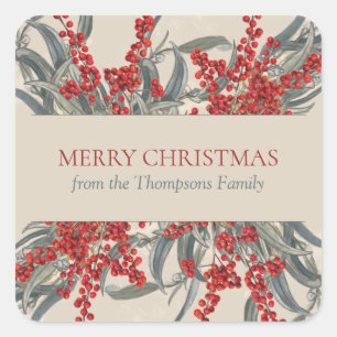 Weihnachtsberries & Eukalyptus Botanische Folies Quadratischer Aufkleber