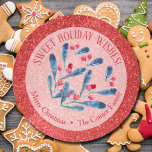 Weihnachtsberries Glitzer Hausgemachte Feiertage Runder Aufkleber<br><div class="desc">Erstellen Sie Aufkleber,  um Ihre Weihnachtsferien hausgemachten Waren,  Kekse,  Süßigkeiten,  Leckereien,  Gastgeschenke und mehr mit blauen Heilig-und Beeren auf dem Hintergrund der roten Imitate Glitzer und Ihre Nachricht in schicken Schriften zu kennzeichnen.</div>