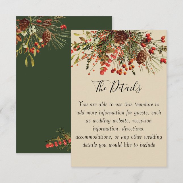 Weihnachtsberries Hochzeitsdetails-Karte mit Green Einladung (Vorne/Hinten)