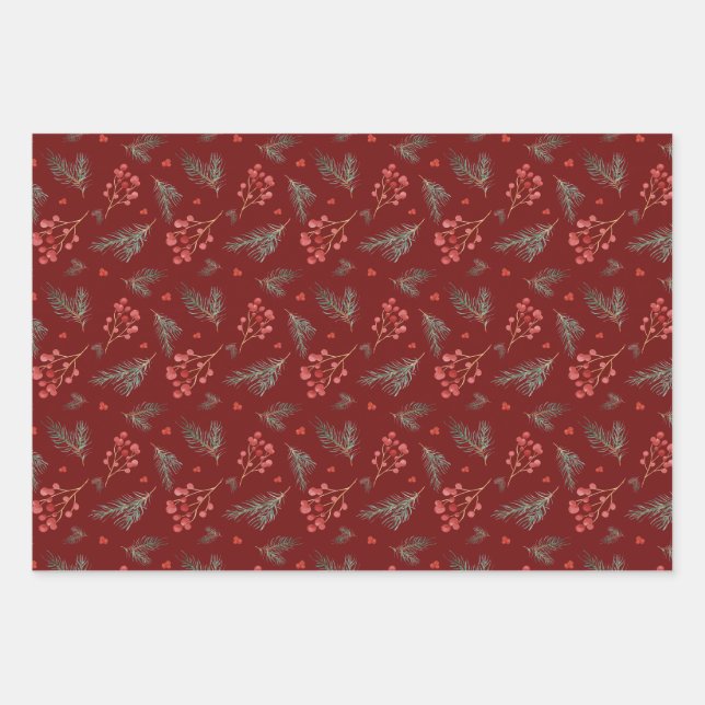 Weihnachtsberries und Kiefernzweige Geschenkpapier Set (Vorderseite)