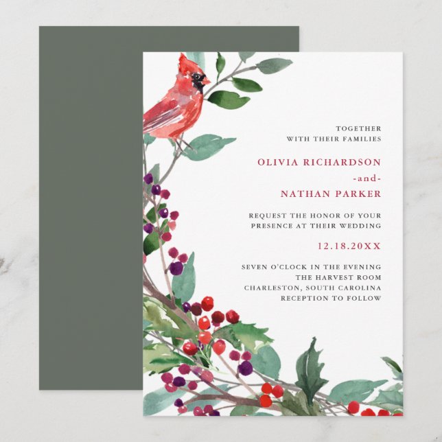 Weihnachtsberries und Roter Vogel | Hochzeit Einladung (Vorne/Hinten)