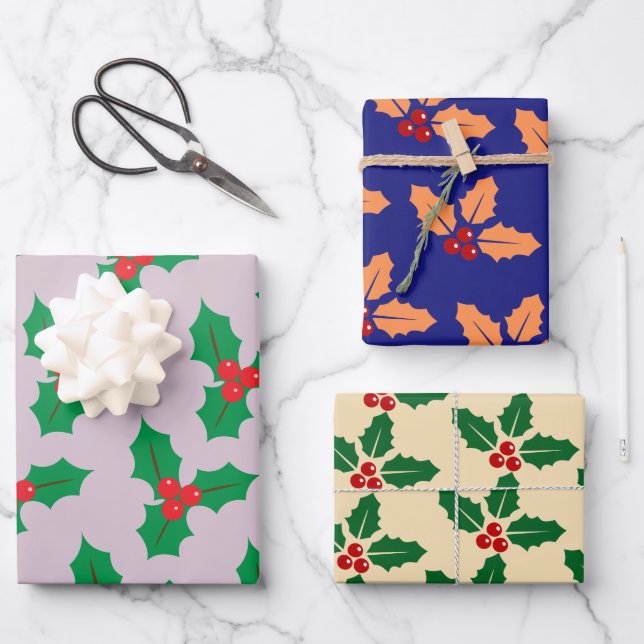Weihnachtsberry Wrapping Paper Flat Sheet 3 pcs Geschenkpapier Set (Vorderseite)