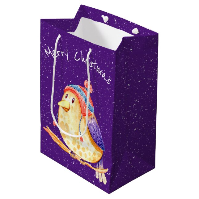 Weihnachtsbird auf Lila Mittlere Geschenktüte (Vorderseite Schrägansicht)