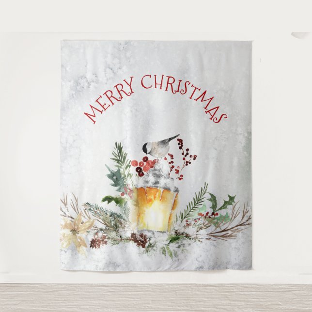 Weihnachtsbird in schneebedeckten Wäldern frohe We Wandteppich (Vorderseite)