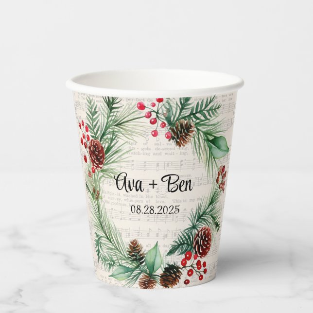 Weihnachtsblatt Music Red Berry Wreath Wedding Pappbecher (Vorderseite)