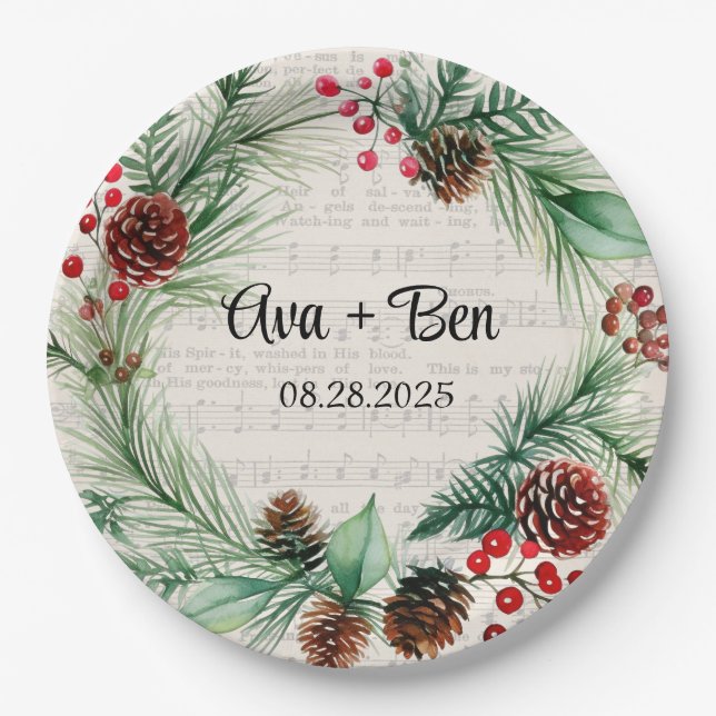 Weihnachtsblatt Music Red Berry Wreath Wedding Pappteller (Vorderseite)