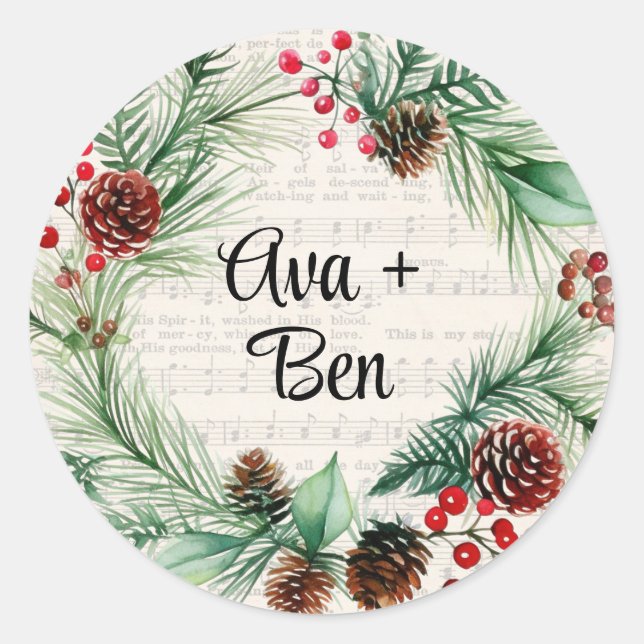 Weihnachtsblatt Music Red Berry Wreath Wedding Runder Aufkleber (Vorderseite)