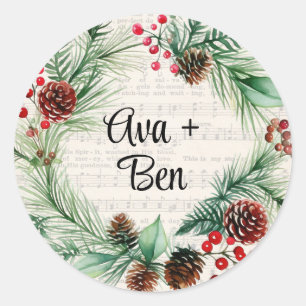 Weihnachtsblatt Music Red Berry Wreath Wedding Runder Aufkleber