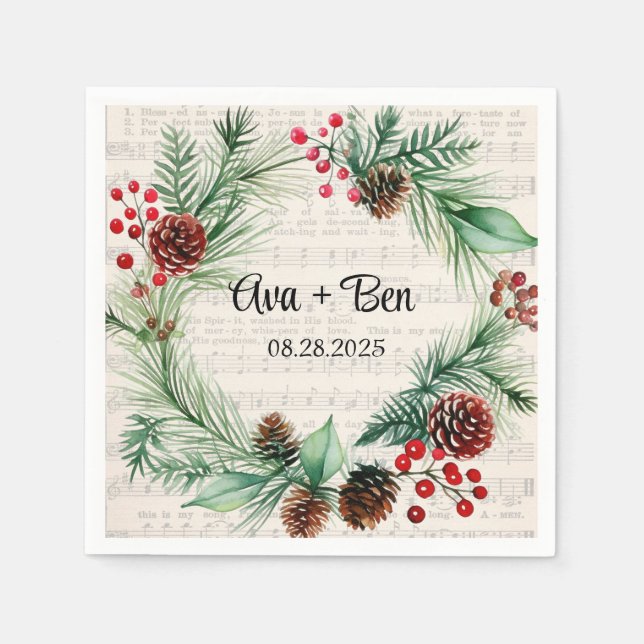 Weihnachtsblatt Music Red Berry Wreath Wedding Serviette (Vorderseite)