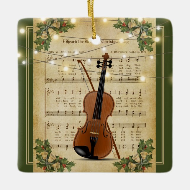 Weihnachtsblatt Musik Geige Keramikornament (Vorderseite)