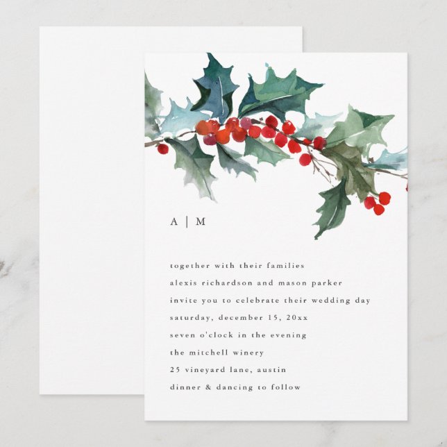 Weihnachtsblätter und Berries | Hochzeit Einladung (Vorne/Hinten)