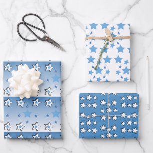 Weihnachtsblätter Wrapping Paper White Blue Stars Geschenkpapier Set