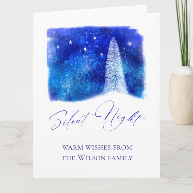 Weihnachtsblau und weiß Stille Nacht Schneebaum Karte (Vorderseite)