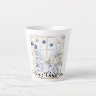 Weihnachtsblaue Creme-Ornamente Blumen Baum Fenste Milchtasse