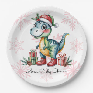 Weihnachtsblauer Dino und Geschenke Jungen-Baby-Pa Pappteller