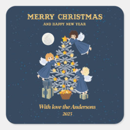 Weihnachtsblauer niedlicher Kinderangelenbaum Quadratischer Aufkleber