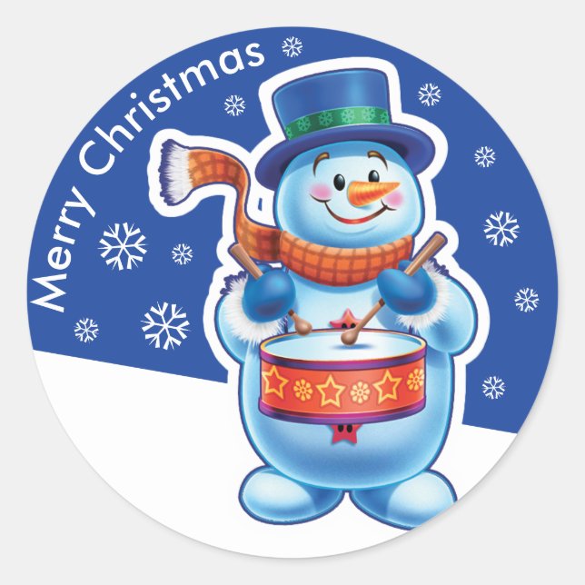 Weihnachtsblauer Rundaufkleber Snowman Schlagzeug. Runder Aufkleber (Vorderseite)