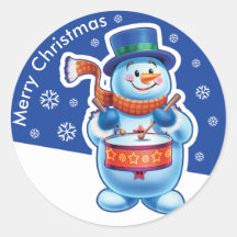 Weihnachtsblauer Rundaufkleber Snowman Schlagzeug.