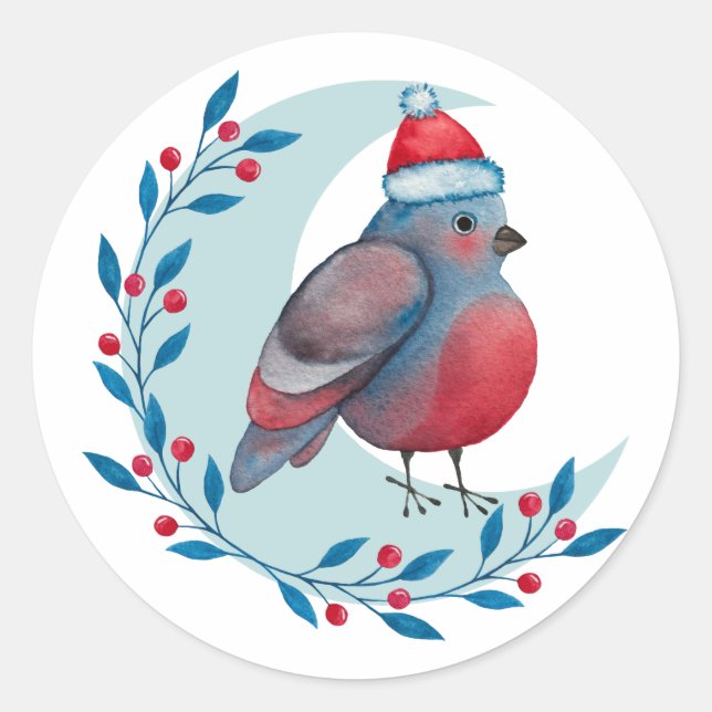 Weihnachtsblauer Vogel auf dem Mond Runder Aufkleber (Vorderseite)