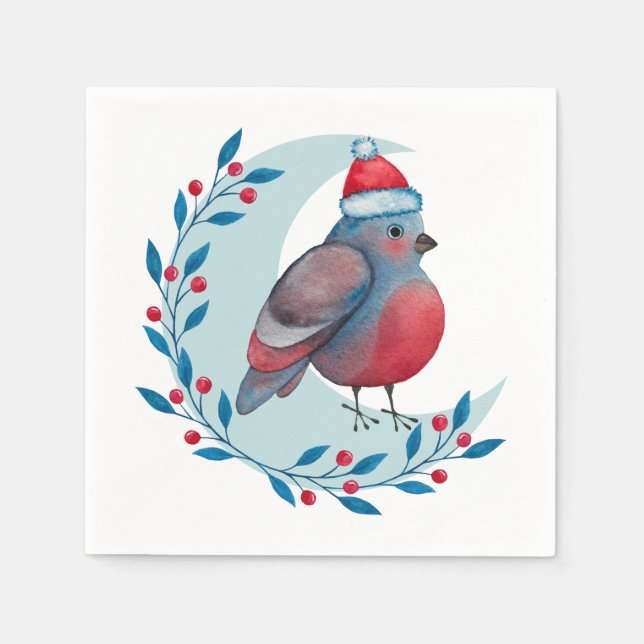 Weihnachtsblauer Vogel auf dem Mond Serviette (Vorderseite)