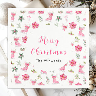 Weihnachtsblumen Rosa Schlittschuhe Frohe Weihnach Serviette