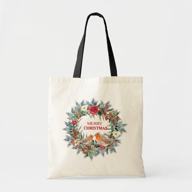 Weihnachtsblumenkranz mit Rotkehlchen Liebesvögel Tragetasche (Vorne)